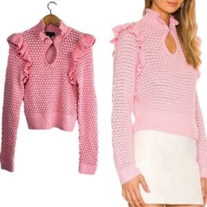 MAJORELLE Oletta Sweater in Coral Pink Size S Ruffles Fitted Luxury Wool Blend